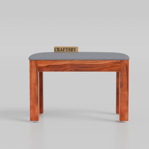 Image of Solid Sheesham Wood 3 Seater Dining Table | Three Seater Dinner Table with 2 Cushions Chairs & 1 Bench | Dinning Table Set 3 Seater for Living Room | Grey Cushions | Honey Finish