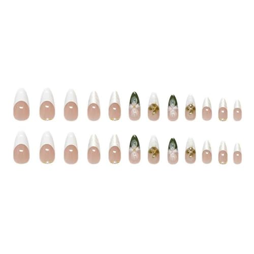 Image of Flower Press on Nails Green Fake Nails Medium Almond False Nails with Pearl Design White French Tip Glue on Nails Glossy Artificial Acrylic Full Cover Nude Stick on Nails for Women Manicure 24Pcs