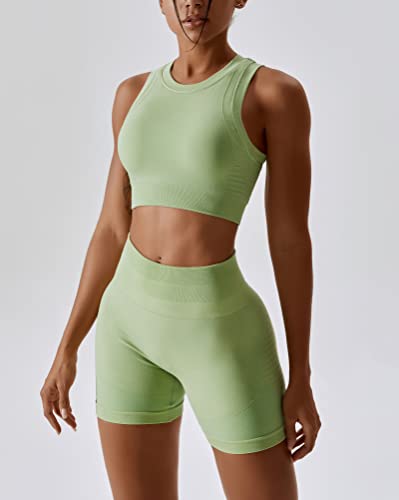 Image of Workout Sets for Women 2 Piece Seamless Ribbed Tank Top Sport Bra High Waist Biker Shorts GYM Yoga Exercise Outfits
