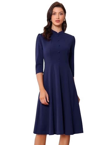 Image of Allegra K Work Dresses for Women 2025 Vintage 3/4 Sleeve Church Semi Formal Fit and Flare Dress Small Dark Blue