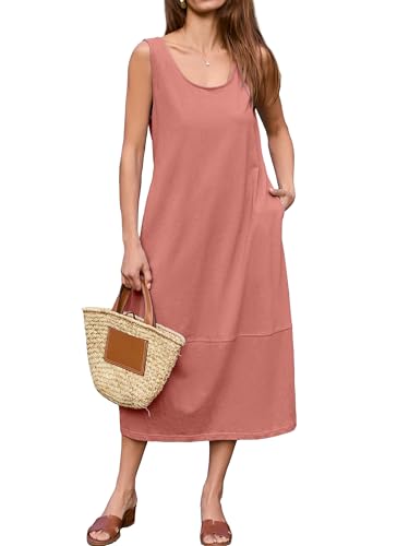 Image of BerryGo Women's Loose Casual Midi Cotton Dresses Sundress Sleeveless Beach Summer Trendy Tank Top Dress with Pockets