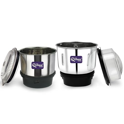 Image of Mixer Chutney Jar (250 Ml,400 Ml) (1 Mini 1 Medium Jar) Mixer Grinder Jar Suitable For All Local & Branded Mixer Which Comes With 2 Lock & 4 Teeth Coupler, Stainless Steel, Silver