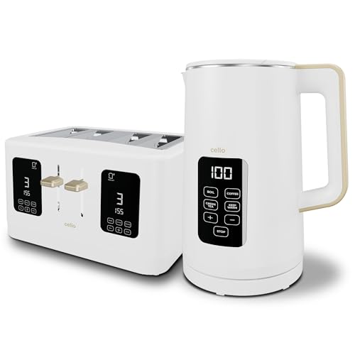 White 1600W 4 Slice Toaster, 1.7L 3000W Digital Kettle | Toaster with Detachable Crumb Tray, Digital Control Panel with Countdown Timer, BPA-Free Auto Shut-off Electric Temperature Control Kettle