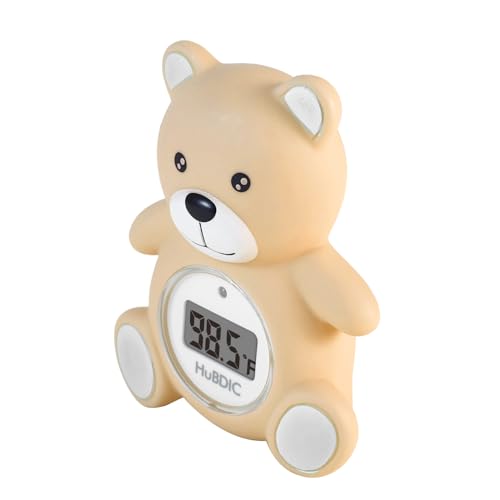 Image of HubiBaby Baby Bath Thermometer & Digital Room Temperature, 2in1 Kids Bathroom Safety Products with Temperature Warning, Floating Teddy Bear (Khaki)