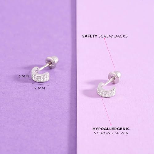 925 Sterling Silver Clear Cubic Zirconia Half Hoop Earrings With Safety Screw Back Closure For Toddlers and Little Girls - Extra Small Half Hoop Earrings for Children4