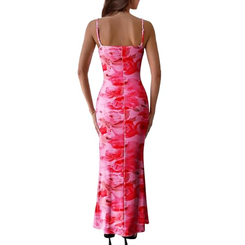 Image of Women's Spaghetti Strap Maxi Dress Floral Print Bodycon Long Dress Summer Beach Vacation Wedding Guest Outfits