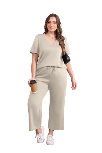 Image of WIHOLL 2 Piece Sets for Women Summer Lounge Set Wide Leg Pants Matching Set Vacation Travel Outfits Beach Clothing