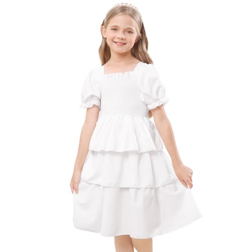 Girls Summer Dress Elegant Tie Back Short Sleeve Dress for Kids Teens,Breathable Daily Wear