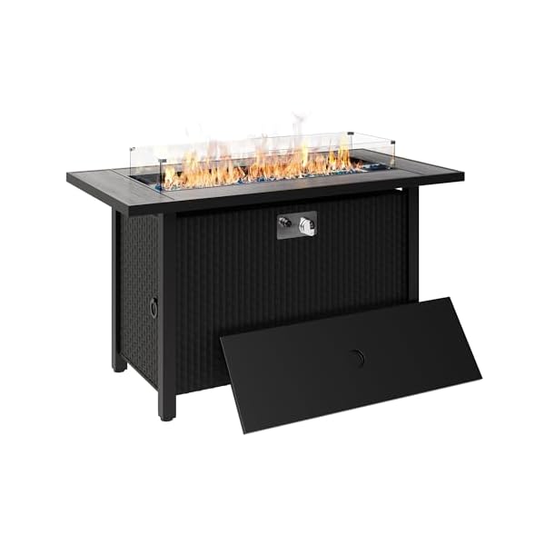 Walsunny 45 inch Outdoor Propane Fire Pit 50,000 BTU Gas Fire Pit Table with Lid, Glass Wind Guard, Waterproof Cover, Rectangle Gas Firepit Table for Garden/Patio, CSA Certification