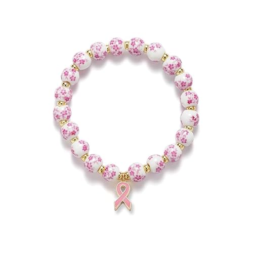Choistily Breast Cancer Awareness Bracelets Pink Ribbon Bracelet for Women Pink Flower Breast Awareness Accessories Stretch Handmade Bracelet