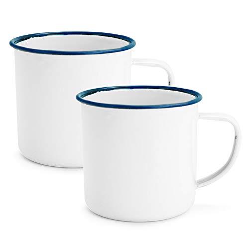 Rink Drink Taza de café o té - Esmalte Blanco Tradicional y Borde Azul - 350u00a0ml - Pack de 2