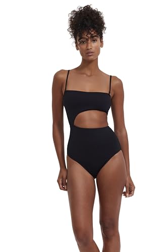 Solids Women’s Black Bandeau One-Piece Cut Out Swimsuit with Removable Soft Cups and Adjustable Straps
