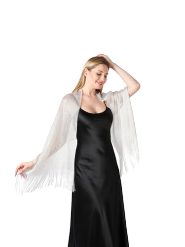 Image of Stoles for Evening Dress with Buckle, Fringes - Polyester Blend, Shimmer Stole Wraps for Weddings, Party | Women's Clothing
