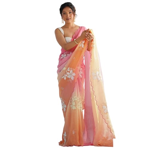 Image of Women's Orange-Yellow Ombre Saree with Floral Embroidery | Lightweight & Festive Saree | Elegant Ethnic Wear for Women
