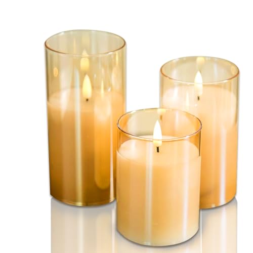 Image of CANDLE CHOICE Real Wax Battery Operated Flameless Pillar Candles with Auto Timer Gold Glass Shell Realistic Black Wick Flickering Electric LED Lights for Wedding Halloween Christmas Decorations 3 Pack