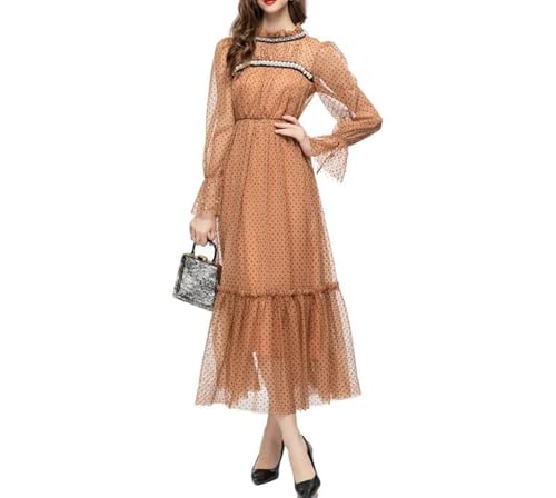 Women's Casual Dots Printed Beaded Striped Dresses Summer Crewneck Long Sleeves Party Dress2