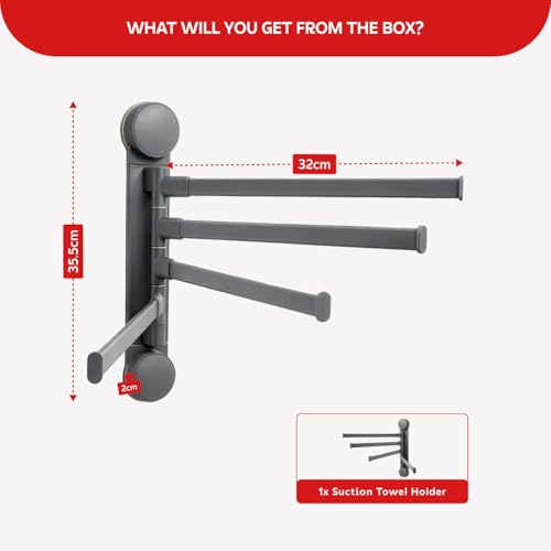 Image of Amazon Basics 4 Bar Suction Towel Holder for Bathroom - Rust - Free Powder Coated Wall Mounted Towel Rack No Drill Towel Rack | Modern Bathroom Accessories Organizer Grey
