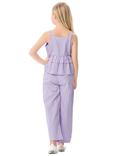 Image of Girl's 2 Piece Striped Outfits Cami Top Wide Leg Pants Ruffle Hem Summer Clothes with 2 Pockets 3-14Y