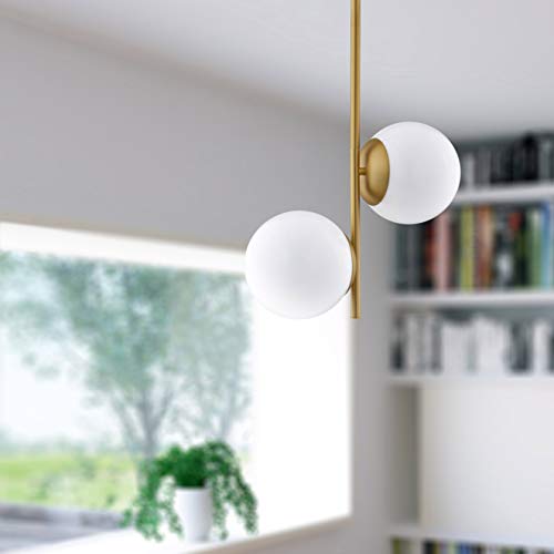 Linea Di Liara Caserti Mid Century Modern Chandelier Double Pendant Light - Satin Brass Glass Globe Hanging Chandeliers - Kitchen & Dining Ceiling Lighting Fixtures #TOP1