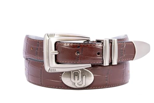 ZEP-PRO NCAA Oklahoma Sooners Men's Croc Leather Belt – Embossed Full Grain Brown Strap With Emblem Conchos – 1.25