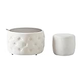 Nordischer Samt Nesting Hocker 2er Set mit Rauten-Raffung - Multifunktionale Quadratische Ottomane mit Holzablage, 58x58x38 cm