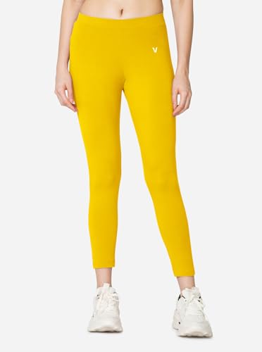 Image of VSTAR PL02 Women Ankle Length Stretchable Slim Fit Leggings with Secured Side Pocket | Moisture-Wicking | Soft Waistband & Cotton-Elastane Fabric | XXL | Golden Yellow