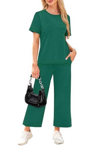 Image of WIHOLL 2 Piece Sets for Women Casual Summer Travel Vacation Outfits Short Sleeve Wide Leg Crop Pants Lounge Sets