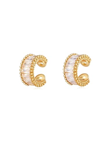 Ear Cuffs in 18K Gold - CZ Paved Hoop Conch Cuff Earrings for Women,Men - Sparkle Rhinestones Clip On Wrap Earrings Non Pierced