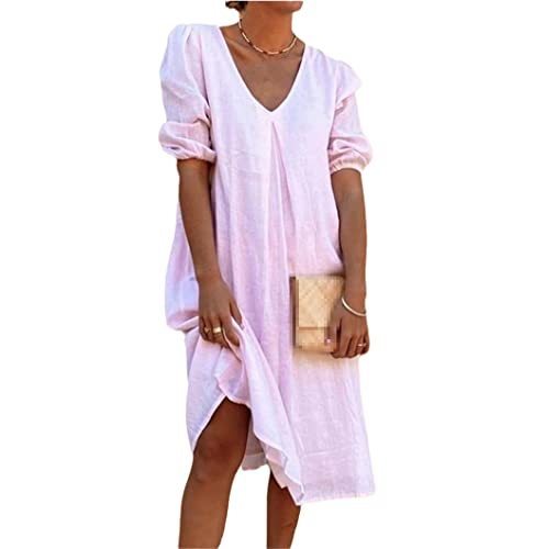 Robe d'été en coton et lin rose ample décontractée chic pour femme taille M