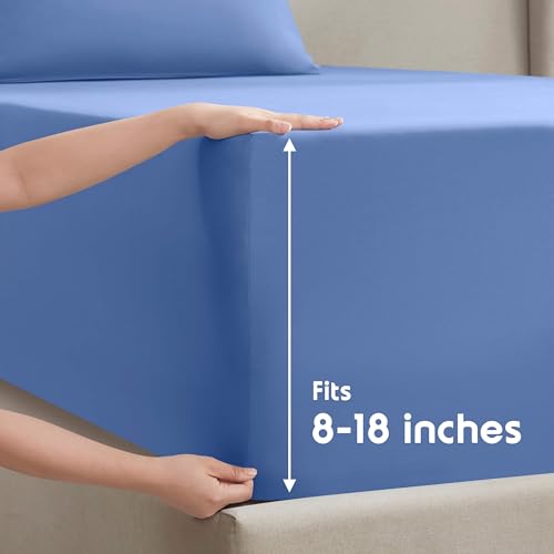 Image of Nestl Split King Bed Sheet Set - Calm Blue - 5-Piece Deep Pocket | Instantly Soft, Night-One Ready (No Wash Required). Fits 16-Inch Deep Pockets, 360-Degree Elastic Grip