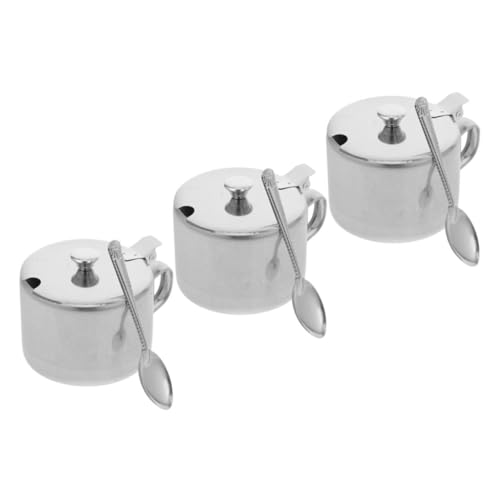 STOBAZA Set of 3 Stainless Steel Sugar Dishes Lids Spoons Salt Pepper Bowls Kitchen Counter Organizers
