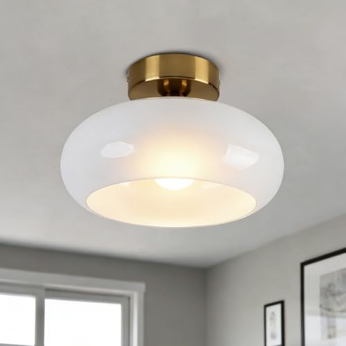 Image of Mid Century Modern Ceiling Light Milk White Glass Globe Flush Mount Ceiling Light 11 inch Brass Close to Ceiling Light Fixtures for Kitchen Bedroom Hallway Closet