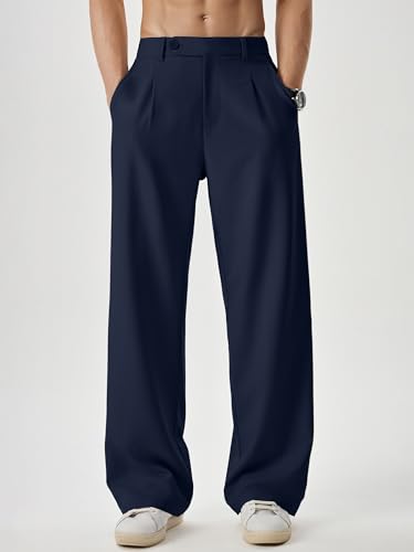 Image of JMIERR Mens Baggy Casual Dress Pants Lightweight Pleated Old Money Wide Leg Pants Loose Relaxed Fit Trousers