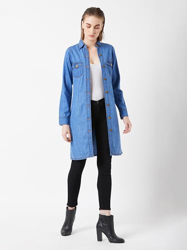 Image of Miss Chase Women's Polo Neck Full Sleeves Patch Pocket Denim Overcoat Knee-Length Jacket