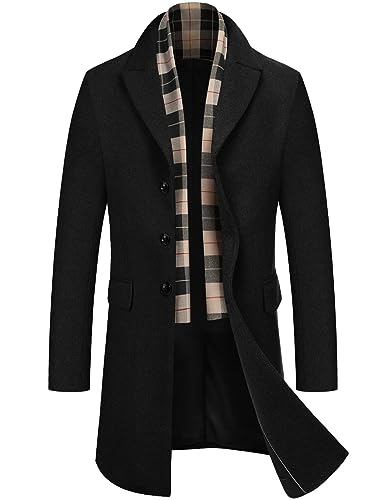 COOFANDY Herren Mantel Wintermantel Winterjacke Trenchcoat Windjacke Reversjacke Herrenmantel mit Abnehmbaren Karierten Schals Männer Warmer Wollmantel Übergangsmantel Schwarz L