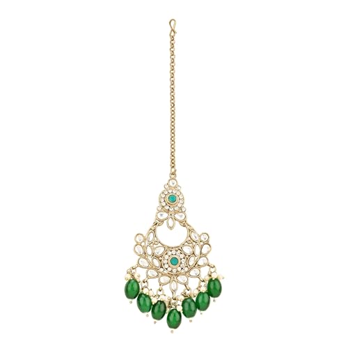 I Jewels Gold Plated Indian Wedding Bollywood Kundan Pearl Drop Bridal Choker Necklace With Chandbali Earrings & Maang Tikka Jewellery Set For Women (K7256) (Green) by I Jewels - Used condition - Image 6