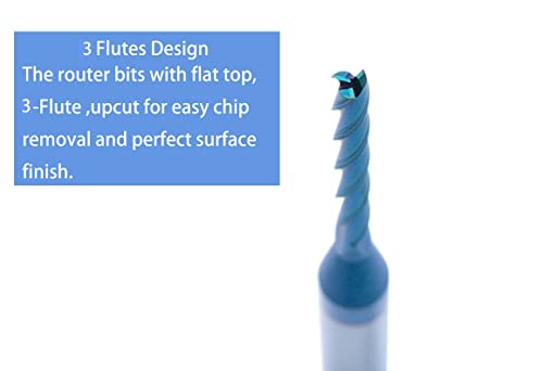 3 Flutes Upcut Spiral Router Bit 1/4 Inch Shank, 1/8 Inch Cutting Diameter Solid Carbide With Blue Nano Coated Cnc Router Bits End Mill For Wood Carving, Engraving Ruhi T3A110 #TOP3