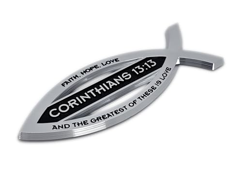 Image of Elektroplate Christian Fish Corinthians 13:13 with Verse OEM Chrome Emblem for Cars, Trucks, and All Auto | Universal Fit at 4 inch x 1.4 inch | Weatherproof
