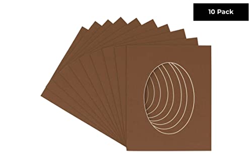 CountryArtHouse Aged Oak Brown Acid Free 8.5x11 Oval Picture Frame Mat with White Core Bevel Cut for 6x9 Pictures - Fits 8.5x11 Frame - Pack of 10 Matboards