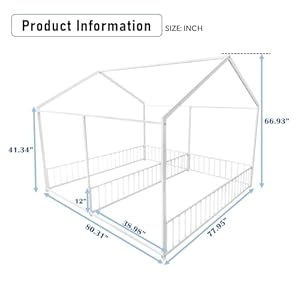 Double Montessori Floor Bed with Fence Roof for Two Kids Teens Boys GirlsTwin Floor BedEasy AssembleNo Box Spring Needed White