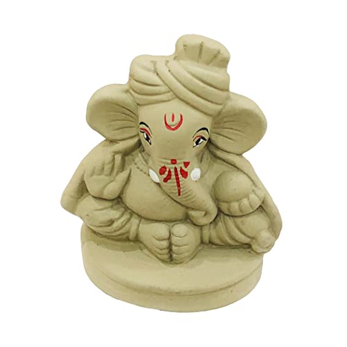 Image of Eco Friendly Handcrafted Clay /Mud Ganpati Murti Biodegradable Kacchi Mitti Ganesha Water Soluble Ganesh Idol for Ganpati Visarjan (H:4 Inch Small)