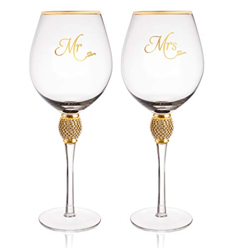 Wedding Wine Glass - Mr And Mrs Wine Glass With Gold Rim - Wedding Gift For Couple - Rhinestone Diamond Studded Bride And Groom Glass - Wedding Gift For Bride - Mr And Mrs Gift Set of 2 By Trinkware