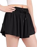 KEREDA Girls Flowy Shorts,Butterfly Shorts for Teen Girls with Spandex Liner 2-in-1 for Running,Gym,Athletic,Workout 1 Pack 9-10Y (Black)