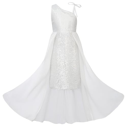 Uhnice Girls One Shoulder Sequin Gown with Tulle Overlay Flower Girl Dress for Wedding Birthday Party
