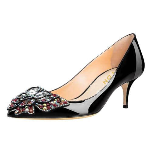 YDN Women's Fashion Low Kitten Heel Slip On Pumps Pointed Toe Butterfly Rhinestones Shoes Wedding Dress Event Size 4-16 US