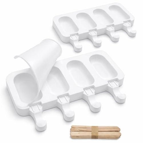 2 Piezas Moldes Helados Silicona, con 2 Tapas 50 Palos Molde Helado Reutilizable sin BPA para Hacer Helados Caseros Moldes Chocolate Bricolaje Postre para Adulto Infantiles Blanco