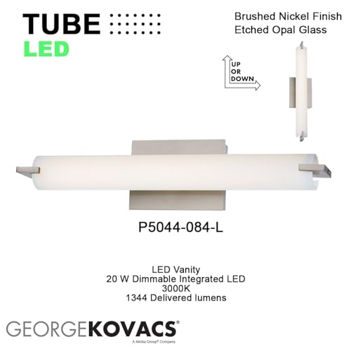Image of GEORGE KOVACS P5044-084-L Tube LED Vanity Bath Light, 1-Light, 20 Total Watts, 4.75-in H x 20.5-in W, Brushed Nickel