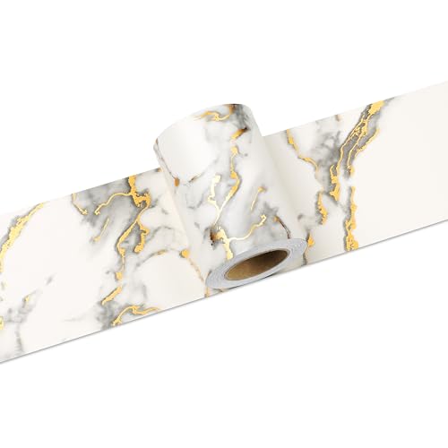 LACHEERY Bordüre Selbstklebend Gold Marmor Tapetenbordüre Weiß Marmoroptik 7.6cm x 500cm Wandbordüre Selbstklebende Fensterbank Folie Marmor Wasserdicht Folie Möbel Weiß Bordüre Für Wande