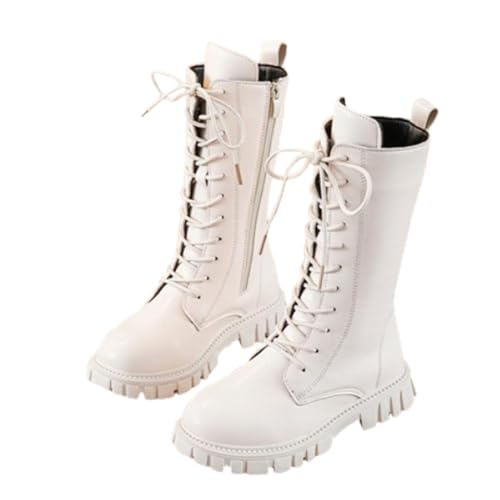 Girls Lace Up Riding Boots – Kids Mid Calf Combat PU Leather Boots with Side Zipper for Fall & Winter, Ages 4–12 (White,9.5-10years)