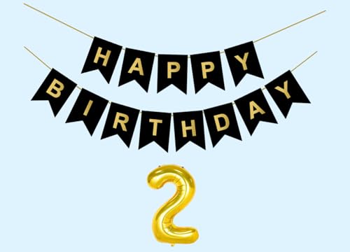 Image of Mystic Toy Store 2nd Happy Birthday Decoration Kit Black for 2 year Old Boys Girls Baby Twins with Number TwoParty Decorations Decor Celebration Items Item Set Combo Reusable Paper Banner
